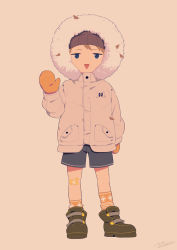 Rule 34 | 1boy, bandaid, bandaid on knee, bandaid on leg, bare legs, blue eyes, boots, child, coat, commentary request, gloves, looking at viewer, male focus, noeyebrow (mauve), open mouth, original, shorts, socks, solo