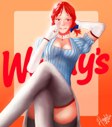 Rule 34 | 1girl, arm behind head, blush, breasts, cleavage, cleavage cutout, clothing cutout, copyright name, crossed legs, elbow gloves, gloves, hazely asphitia, highres, looking at viewer, medium breasts, parted lips, red eyes, red hair, robe, sitting, smile, smug, solo, thighhighs, thighs, wendy&#039;s, wendy (wendy&#039;s), white gloves