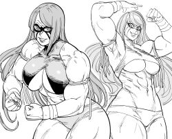 Rule 34 | 1girl, abs, absurdres, armband, armpits, arms up, bb (baalbuddy), breasts, flexing, fuuma kotarou (tenkaichi), greyscale, highres, large breasts, long hair, looking at viewer, mask, monochrome, multiple views, muscular, muscular female, revealing clothes, simple background, tenkaichi nihon saikyou bugeisha ketteisen, underboob, white background