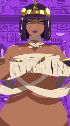 Rule 34 | 1girl, animated, animated gif, bandages, blue eyes, bob cut, bottomless, breasts, cleavage, crossed arms, dark-skinned female, dark skin, egyptian, hieroglyphics, hip focus, large breasts, medium hair, menat, navel, open mouth, out-of-frame censoring, purple hair, purple lips, r3dfive, smile, solo, street fighter, street fighter v, tiara, upper body