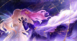 Rule 34 | 2girls, absurdres, blonde hair, blunt bangs, braid, closed eyes, confeitoo, crown, dress, elbow gloves, elf, fairy, fairy wings, floating hair, formal, galaxy, gloves, gold trim, gown, hair ornament, highres, holding hands, huge filesize, imminent kiss, interlocked fingers, jewelry, lace trim, layered dress, long dress, long hair, multiple girls, necklace, nikki (miracle nikki), noses touching, off-shoulder dress, off shoulder, ophelia (shining nikki), pink hair, pointy ears, purple background, purple dress, purple gloves, purple sky, shining nikki, shirt, shooting star, sky, sleeveless, sleeveless shirt, smile, space, star (sky), star (symbol), star hair ornament, star ornament, starry background, white dress, wings, yuri