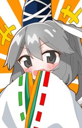 Rule 34 | +++, 1girl, aoiuna, blue hat, blush, commentary request, grey eyes, grey hair, hair between eyes, hat, highres, long hair, long sleeves, looking at viewer, medium bangs, mononobe no futo, open mouth, orange background, ponytail, ribbon-trimmed sleeves, ribbon trim, sleeves past fingers, sleeves past wrists, smile, solo, tate eboshi, touhou, two-tone background, upper body, white background, white sleeves, wide sleeves