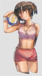 Rule 34 | 1girl, artist name, ball, black hair, breasts, brown eyes, collarbone, cowboy shot, cropped legs, dog tags, ergot, female focus, grey background, headband, highres, holding, holding ball, kantai collection, looking at viewer, medium breasts, midriff, nagara (kancolle), navel, one side up, red shorts, short hair, shorts, simple background, smile, solo, sports bra, volleyball (object)