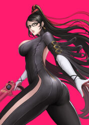 Rule 34 | 1girl, absurdres, artist name, ass, bayonetta, bayonetta (series), black bodysuit, black hair, bodysuit, breasts, cowboy shot, dangle earrings, earrings, from behind, glasses, gloves, green eyes, hair tie, high ponytail, highres, holding, holding weapon, hui z jie, jewelry, large breasts, lips, lipstick, long hair, looking at viewer, looking back, makeup, medium breasts, mole, mole under mouth, open mouth, parted lips, ponytail, red background, sideboob, sidelocks, simple background, skin tight, solo, standing, thighs, turtleneck, very long hair, weapon, white gloves, white stripes
