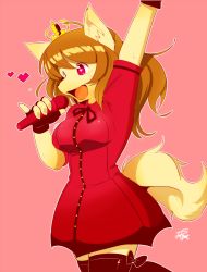 Rule 34 | 1girl, brown hair, dog, furry, furry female, gut (orange=rythm), long hair, microphone, music, open mouth, pink eyes, simple background, singing, solo