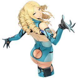 Rule 34 | 1girl, ass, ass cutout, blonde hair, blue eyes, butt crack, clothing cutout, cropped legs, drill hair, furoria frank, gloves, holster, long hair, looking back, official art, parted bangs, parted lips, simple background, solo, super robot wars, super robot wars x-omega, watanabe wataru (character designer), white background