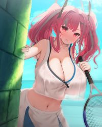 Rule 34 | 1girl, absurdres, azur lane, bare shoulders, bbolalus, blue sky, blush, breasts, bremerton (azur lane), bremerton (scorching-hot training) (azur lane), brick wall, cleavage, closed mouth, cloud, collarbone, commentary, cowboy shot, crop top, crop top overhang, day, green skirt, grey hair, hair between eyes, hair intakes, hair ornament, hairclip, highres, holding, holding racket, huge filesize, korean commentary, large breasts, long hair, looking at viewer, midriff, multicolored hair, navel, no bra, no mole, official alternate costume, pink eyes, pink hair, racket, see-through, shirt, sidelocks, skirt, sky, sleeveless, sleeveless shirt, solo, sportswear, standing, streaked hair, tennis racket, tennis uniform, twintails, two-tone hair, two-tone skirt, wet, wet clothes, wet shirt, white shirt, white skirt, x hair ornament