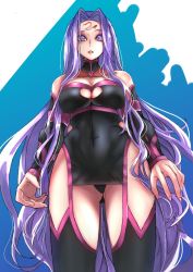 Rule 34 | bacs, boots, breasts, bridal gauntlets, choker, cleavage cutout, clothing cutout, collar, collarbone, dress, facial mark, fate/grand order, fate (series), forehead mark, from below, gluteal fold, highres, long hair, looking at viewer, looking down, medium breasts, medusa (fate), medusa (rider) (fate), purple eyes, purple hair, solo, strapless, strapless dress, thigh boots, thighhighs, very long hair