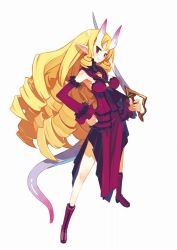 Rule 34 | 1girl, blonde hair, boots, curly hair, disgaea, dress, drill hair, earrings, full body, hand on own hip, harada takehito, horns, jewelry, long hair, makai senki disgaea 3, official art, pointy ears, simple background, smile, solo, standing, stella grossular, sword, tail, weapon, white background