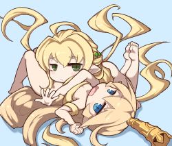 Rule 34 | 2girls, average-hanzo, blonde hair, blue eyes, blush, charlotta (granblue fantasy), granblue fantasy, hair ornament, harvin, hat, jaggy lines, long hair, looking at viewer, melissabelle, multiple girls, nude, open mouth, pointy ears, simple background, very long hair
