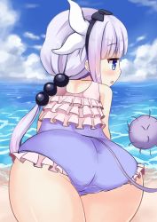 Rule 34 | 1girl, absurdres, ass, bare shoulders, beads, black bow, blue eyes, blue sky, blush, bow, child, cloud, cloudy sky, cowboy shot, day, dragon girl, dragon horns, dragon tail, female focus, frilled swimsuit, frills, from behind, hair beads, hair bow, hair ornament, highres, horns, jitome, kanna kamui, kobayashi-san chi no maidragon, long hair, one-piece swimsuit, open mouth, outdoors, profile, sideways mouth, sky, solo, swimsuit, tail, watarurikka, water