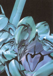 Rule 34 | armor, black background, choco (chocolate shop), close-up, green eyes, highres, machinery, mecha, neon genesis evangelion, no humans, robot, simple background, upper body