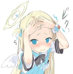 Rule 34 | 1girl, @ @, apron, black bow, black bowtie, blonde hair, blue apron, blue archive, blue eyes, blue ribbon, blush, bow, bowtie, collared shirt, hair ribbon, halo, hands on own head, highres, id card, long hair, looking at viewer, mini wings, nimura yuuji, parted bangs, parted lips, ribbon, scrunchie, shirt, short sleeves, simple background, sketch, solo, sora (blue archive), striped bow, striped bowtie, striped clothes, sweat, trembling, two side up, upper body, wavy mouth, white background, white shirt, white wings, wings, wrist scrunchie