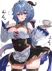 Rule 34 | 1girl, :o, apron, armpit crease, bare shoulders, blue hair, blush, bow, breasts, cleavage, cup, detached sleeves, feet out of frame, ganyu (genshin impact), genshin impact, goat horns, hair between eyes, hair bow, hand on own chest, highres, holding, holding cup, holding saucer, horns, large breasts, long hair, looking at viewer, maid, maid apron, maid headdress, open mouth, purple eyes, red horns, saucer, the olphy, thick thighs, thigh gap, thighhighs, thighs
