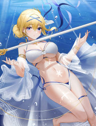Rule 34 | 1girl, :/, air bubble, armlet, azur lane, bare legs, bare shoulders, bikini, blonde hair, blue bikini, blue choker, blue eyes, blue hairband, blue ribbon, blush, body markings, bracelet, bracer, breasts, bubble, chest tattoo, choker, cleavage, closed mouth, cross, cross choker, cross earrings, cross necklace, crossed bangs, dot nose, earrings, feet out of frame, floating, floating object, front-tie top, hair between eyes, hair bun, hair intakes, hair ribbon, hairband, halterneck, hands up, highres, jeanne d&#039;arc (azur lane), jeanne d&#039;arc (saintess of the sea) (azur lane), jewelry, large breasts, layered bikini, leg tattoo, light rays, looking at viewer, multi-strapped bikini, navel, necklace, official alternate costume, open clothes, qing wu, rapier, ribbon, see-through, side-tie bikini bottom, sidelocks, single hair bun, skindentation, solo, stomach, stomach tattoo, swimsuit, sword, tattoo, thigh strap, thighs, two-tone bikini, underboob, underwater, water drop, weapon, white bikini, wide sleeves