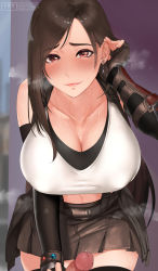 Rule 34 | 1boy, 1girl, absurdres, bare shoulders, belt, black hair, black thighhighs, blush, breasts, cleavage, collarbone, covered erect nipples, earrings, elbow gloves, elbow pads, final fantasy, final fantasy vii, final fantasy vii remake, fingerless gloves, gloves, heavy breathing, highres, huge breasts, jewelry, large breasts, leaning forward, lips, long hair, looking at viewer, midriff, navel, penis, pov, precum, red eyes, sanuki (kyoudashya), skirt, smile, sports bra, stomach, suspenders, sweat, tank top, thighhighs, thighs, tifa lockhart, uncensored