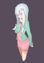 Rule 34 | 1girl, absurdres, blue eyes, bow, collarbone, cropped legs, dress shirt, eromanga sensei, frilled shorts, frills, grey background, hair bow, hair over one eye, highres, izumi sagiri, long hair, looking at viewer, neck ribbon, pink bow, pink ribbon, pink shirt, pink shorts, ribbon, shirt, short shorts, shorts, silver hair, simple background, solo