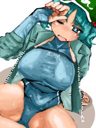 1girl akachan0219 blue_hair blue_jacket blue_one-piece_swimsuit cameltoe compression_sleeve elbow_gloves flat_cap gloves green_hat hair_bobbles hair_ornament hat highres jacket kawashiro_nitori one-piece_swimsuit one_eye_closed parted_bangs simple_background solo spread_legs swimsuit thick_thighs thighs touhou two_side_up wet white_background