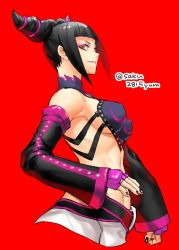 Rule 34 | 1girl, black hair, black nails, blunt bangs, bracelet, breasts, chinese clothes, detached sleeves, drill hair, dudou, eyeshadow, fingerless gloves, gloves, halterneck, han juri, highres, jewelry, large breasts, looking at viewer, makeup, nail polish, navel, no bra, padded gloves, purple gloves, red background, red eyes, sideboob, solo, spiked bracelet, spikes, stomach, street fighter, street fighter iv (series), tombsakura, toned, twin drills, twitter username, upper body
