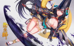 Rule 34 | 1girl, armor, breasts, cleavage, highres, holding, holding weapon, hua-j, japanese armor, large breasts, long hair, looking at viewer, onmyoji, painttool sai, skirt, solo, sword, very long hair, weapon, yaodao ji, yellow eyes