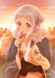 Rule 34 | 1girl, absurdres, arashi chisato, black shorts, coat, cowboy shot, double bun, dusk, food, grey hair, hair bun, highres, holding, holding food, leaning forward, long hair, long sleeves, love live!, love live! superstar!!, macaron, open clothes, open coat, open mouth, red eyes, short shorts, shorts, solo, standing, sweater, twintails, white sweater, yatoroku