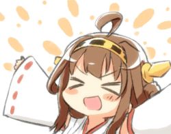 Rule 34 | &gt; &lt;, 10s, 1girl, ahoge, animated, animated gif, arms up, bare shoulders, blush, brown hair, derivative work, detached sleeves, engiyoshi, closed eyes, hairband, headband, headgear, japanese clothes, kantai collection, kongou (kancolle), long hair, long sleeves, nontraditional miko, open mouth, outstretched arms, smile, solo, spread arms, ugoira