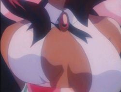 Rule 34 | 1990s (style), 1girl, animated, animated gif, arms at sides, bare shoulders, bouncing breasts, breasts, brooch, brown hair, burn-up, burn-up w, center opening, cleavage, dark skin, dark-skinned female, detached collar, closed eyes, female focus, halterneck, halterneck, head out of frame, jewelry, large breasts, nanvel candlestick, no bra, retro artstyle, ribbon, smile, solo, upper body