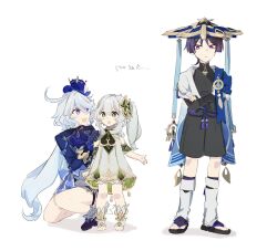 Rule 34 | 1boy, 2girls, armor, blue headwear, closed mouth, crossed arms, detached sleeves, dress, full body, furina (genshin impact), genshin impact, gloves, green hair, grey hair, hair ornament, hat, highres, jacket, japanese armor, japanese clothes, jingasa, kote, kurokote, long hair, long sleeves, multiple girls, n ano, nahida (genshin impact), on one knee, open mouth, pointy ears, purple eyes, purple hair, sandals, scaramouche (genshin impact), side ponytail, simple background, standing, sweat, thigh strap, top hat, translation request, very long hair, wanderer (genshin impact), white background, zouri
