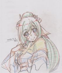 Rule 34 | 1girl, ainu clothes, animal ears, animation paper, aquaplus, arm up, blush, breasts, closed mouth, color trace, dress, eyes visible through hair, from below, genga, hair between eyes, hair ornament, hair over one eye, hand on own chest, high ponytail, highres, kuon (utawarerumono), layered sleeves, long hair, long sleeves, looking at viewer, medium breasts, official art, ponytail, raised eyebrows, sash, scarf, sidelocks, sketch, smile, solo, swept bangs, utawarerumono, utawarerumono: futari no hakuoro, utawarerumono: itsuwari no kamen, very long hair, white fox (company), wide sleeves