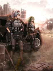 Rule 34 | absurdres, ammunition pouch, assault rifle, bad id, bad pixiv id, black gloves, black hairband, black jacket, black legwear, black shorts, breasts, collared shirt, commentary request, day, folded ponytail, girls&#039; frontline, gloves, green hair, gun, hair between eyes, hairband, headset, highres, holding, holding gun, holding weapon, huge filesize, jacket, jacket on shoulders, knee pads, load bearing equipment, long hair, long sleeves, looking afar, m950a (girls&#039; frontline), medium breasts, messy hair, military, military vehicle, motor vehicle, multiple girls, multiple straps, muzzle device, off shoulder, open clothes, open mouth, open shorts, outdoors, pantyhose, pouch, prototype design, red eyes, rifle, rifle-caliber handgun, rifle-caliber pistol, ruins, scar, scar on neck, scenery, shirt, short shorts, shorts, sidelocks, smile, smoke, thunder (girls&#039; frontline), triple action, triple action thunder, turisasu, unbuttoned pants, weapon, yellow eyes