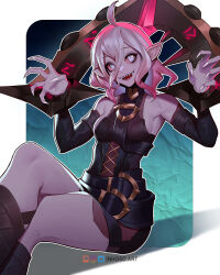 Rule 34 | 1girl, absurdres, ahoge, artist name, bags under eyes, belt, black belt, briar (league of legends), colored sclera, commentary, crossed legs, english commentary, fingernails, gradient hair, grey hair, hair between eyes, highres, inhoso, knee up, league of legends, long hair, looking at viewer, multicolored hair, open mouth, pink hair, pointy ears, red sclera, shadow, sharp fingernails, sharp teeth, sidelocks, sitting, smile, solo, streaked hair, teeth, two-tone hair, vampire, white eyes, wrist cuffs
