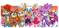 Rule 34 | 6+girls, absurdres, amy rose, blaze the cat, blue eyes, blush, boots, border, dress, english text, eyewear on head, furry, furry female, gloves, green eyes, highres, jacket, jewelry, looking at viewer, multiple girls, necklace, open mouth, rouge the bat, sally acorn, sonic (series), sonic boom (series), sonic the hedgehog (archie comics), sticks the badger, sunglasses, teeth, tikal the echidna, upper teeth only, wave the swallow, white border, white gloves, wizaria, yellow eyes