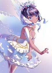 Rule 34 | 1girl, artist name, ballerina, bare shoulders, black hair, blue eyes, blue hair, breasts, choker, clam shell, cloud print, collarbone, colored eyelashes, commentary, coral, dark-skinned female, dark skin, dress, english commentary, gem, gradient background, hair ornament, highres, light blue hair, long bangs, looking at viewer, multicolored hair, novareeee, original, pantyhose, parted lips, pearl hair ornament, see-through, see-through dress, shadow, simple background, small breasts, solo, teeth, thigh gap, tutu, two-tone hair, watermark, white choker, white pantyhose, wings