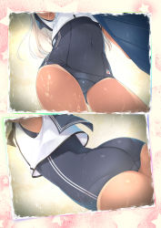 Rule 34 | 10s, 1girl, ass, blonde hair, blue one-piece swimsuit, covered navel, head out of frame, kantai collection, long hair, mayusaki yuu, multiple views, one-piece swimsuit, one-piece tan, ro-500 (kancolle), school uniform, serafuku, simple background, swimsuit, swimsuit under clothes, tan, tanline, thighs