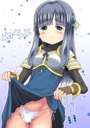 Rule 34 | 1girl, armor, bad id, bad pixiv id, blue eyes, blue hair, blunt bangs, bow, bow panties, breastplate, cameltoe, cleft of venus, clothes lift, dress, dress lift, fingerless gloves, frilled panties, frills, gem, gloves, highres, lifted by self, long hair, magia record: mahou shoujo madoka magica gaiden, mahou shoujo madoka magica, nanami yachiyo, panties, qm, shoulder armor, side-tie panties, side slit, solo, turtleneck, underwear, white panties