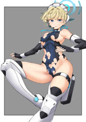 Rule 34 | 1girl, blonde hair, blue archive, blue eyes, blue leotard, breasts, bun cover, covered erect nipples, elbow gloves, fingerless gloves, gloves, halo, highleg, highleg leotard, highres, kawajuu, leotard, maid headdress, navel, short hair, sleeveless turtleneck leotard, small breasts, solo, toki (blue archive), torn clothes, two-tone leotard
