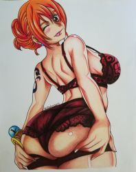 Rule 34 | 1girl, alkar drawings, ass, ass grab, bra, bracelet, colored pencil (medium), earrings, fingernails, from behind, grabbing own ass, hair up, highres, jewelry, lingerie, looking at viewer, looking back, nami (one piece), one eye closed, one piece, orange eyes, orange hair, panties, purple bra, purple panties, solo, tagme, tattoo, tongue, tongue out, traditional media, underwear