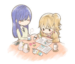 Rule 34 | 2girls, aihara mei, aihara yuzu, blonde hair, blue hair, blush stickers, candy, candy wrapper, check commentary, chibi, citrus (saburouta), closed eyes, coaster, coffee, coffee mug, commentary, commentary request, cup, eraser, food, green necktie, long hair, mug, multiple girls, necktie, notebook, o o, pencil, saburouta, side ponytail, solid circle eyes, steam, step-siblings, step-sisters, stuffed animal, stuffed toy, sweater, teddy bear