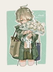 Rule 34 | 1boy, absurdres, aged down, ahoge, alhaitham (genshin impact), alternate costume, bag, bouquet, child, covered mouth, english text, father&#039;s day, flower, genshin impact, green eyes, green sleeves, grey hair, highres, male focus, nerimono (nekokoban22), simple background, solo, speech bubble, twitter username, white flower