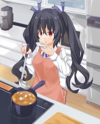 Rule 34 | 10s, 1girl, apron, black hair, blush, breasts, coffee maker, cooking, hair ornament, himajin (starmine), kitchen, ladle, long hair, neptune (series), noire (neptunia), open mouth, pot, red eyes, solo, stove, twintails, waist apron