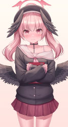 Rule 34 | 1girl, absurdres, beret, black choker, black hat, black shirt, black wings, blue archive, blush, brown background, choker, closed mouth, collarbone, commentary request, feathered wings, gradient background, halo, hat, head wings, highres, hugging object, koharu (blue archive), long hair, low wings, off shoulder, pink hair, pleated skirt, red eyes, red skirt, sailor collar, seungju lee, shirt, skirt, solo, standing, tears, twintails, v-shaped eyebrows, white sailor collar, wings