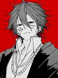 Rule 34 | 1boy, carpaccio luo-yang, collared shirt, earrings, facial mark, jewelry, kyoubeni, looking at viewer, mashle, monochrome, necklace, red background, robe, shirt, solo, spiked hair