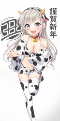 Rule 34 | 1girl, absurdres, animal ears, animal print, bell, bikini, bikini under clothes, blue eyes, blurry, blurry background, blush, braid, braided bangs, breasts, chinese zodiac, cleavage, collar, collarbone, cow ears, cow print, cow print sleeves, depth of field, detached sleeves, earrings, fake animal ears, feet out of frame, furisode, gradient background, grey background, grey hair, hairband, happy new year, highres, hisakawa hayate, idolmaster, idolmaster cinderella girls, japanese clothes, jewelry, kimono, large breasts, long hair, looking at viewer, mitsumine raimu, neck bell, new year, open clothes, open shorts, pink collar, pointing, short shorts, shorts, smile, solo, standing, standing on one leg, swimsuit, thighhighs, wide sleeves, year of the ox