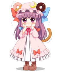 Rule 34 | 1girl, :&lt;, aged down, bebeneko, blush, boots, churro, coat, commentary, cross-laced footwear, doughnut, dress, flying sweatdrops, food, hair ribbon, hands on own cheeks, hands on own face, hat, highres, kemonomimi mode, long hair, long sleeves, mob cap, open clothes, open coat, patchouli knowledge, purple eyes, purple hair, ribbon, simple background, solo, striped clothes, striped dress, touhou, tress ribbon, wide sleeves