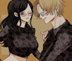 Rule 34 | 1boy, 1girl, black hair, blonde hair, blue eyes, breasts, closed mouth, commentary request, crop top, earrings, floral print, jewelry, large breasts, long hair, long sleeves, looking at viewer, midriff, nico robin, nsgw, one eye closed, one piece, ponytail, purple nails, sabo (one piece), scar, scar on face, shirt, smile, sunglasses