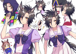 Rule 34 | !?, 2girls, puff of air, air shakur (umamusume), animal ears, arm up, asymmetrical bangs, black hair, black nails, black shorts, bow, bowtie, breasts, clenched hand, closed mouth, eyebrow piercing, fine motion (umamusume), hand fan, heart, hi (ibisf5umauma), highres, holding, holding fan, hood, hood up, hoodie, horse ears, horse girl, horse tail, jacket, lightning bolt symbol, looking at viewer, motion lines, multiple girls, multiple views, nail polish, open clothes, open jacket, paper fan, parted bangs, piercing, puffy short sleeves, puffy sleeves, purple hoodie, purple shirt, red jacket, sailor collar, shaded face, shirt, short sleeves, shorts, skirt, small breasts, solo focus, sweatdrop, tail, twitter username, uchiwa, umamusume, white background, white skirt