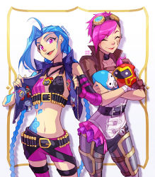 Rule 34 | 2girls, armored boots, artist name, asymmetrical bangs, bandaged hand, bandages, belt, black belt, black choker, boots, bra, braid, brown jacket, character print, choker, collarbone, crossed arms, goggles, goggles on head, jacket, jinx (league of legends), league of legends, leather, minion (league of legends), multiple girls, navel, open clothes, open jacket, pink eyes, pink hair, pink legwear, pink shorts, short hair, short shorts, shorts, siblings, single thighhigh, sisters, smile, striped bra, striped clothes, teeth, thighhighs, twin braids, underwear, upper teeth only, vi (league of legends), vmat