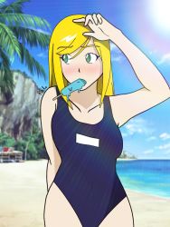 Rule 34 | 1girl, arms behind back, arms up, artist name, beach, blonde hair, blush, breasts, digimon, digimon frontier, food, green eyes, highres, ice cream, long hair, looking away, looking to the side, medium breasts, orimoto izumi, popsicle, school swimsuit, swimsuit