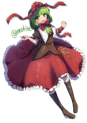 Rule 34 | 1girl, absurdres, arm ribbon, blunt bangs, boots, bow, frilled bow, frilled sleeves, frills, front ponytail, full body, green eyes, green hair, hair bow, hair ribbon, high heel boots, high heels, highres, kagiyama hina, one-hour drawing challenge, puffy short sleeves, puffy sleeves, red bow, red ribbon, renshirenji, ribbon, short sleeves, smile, solo, touhou, white background