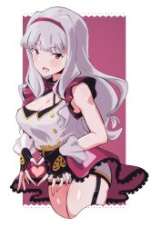 1girl bad_id bad_twitter_id breasts cleavage cowboy_shot fingerless_gloves garter_straps gloves grey_hair hairband heart heart_hands highres idol_clothes idolmaster idolmaster_(classic) large_breasts long_hair looking_at_viewer open_mouth overskirt pink_eyes rqm55 shijou_takane short_shorts shorts sleeveless solo top!_clover_(idolmaster)